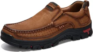 Men's Genuine Leather Hand Stitched Slip On Ankle Loafers,Vintage Non-Slip Arch Support Outdoor Hiking Driving Shoes