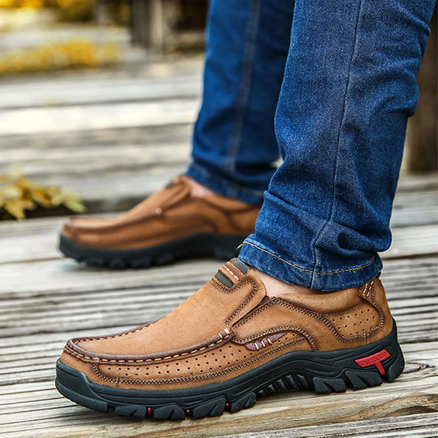 Men's Genuine Leather Hand Stitched Slip On Ankle Loafers,Vintage Non-Slip Arch Support Outdoor Hiking Driving Shoes