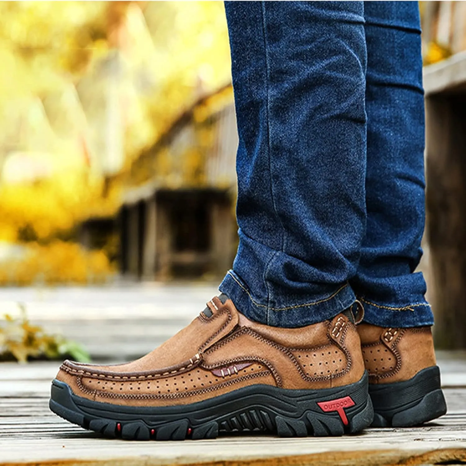 Men's Genuine Leather Hand Stitched Slip On Ankle Loafers,Vintage Non-Slip Arch Support Outdoor Hiking Driving Shoes