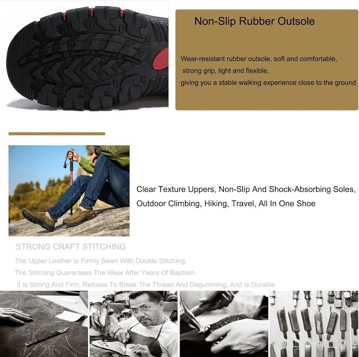 Men's Genuine Leather Hand Stitched Slip On Ankle Loafers,Vintage Non-Slip Arch Support Outdoor Hiking Driving Shoes