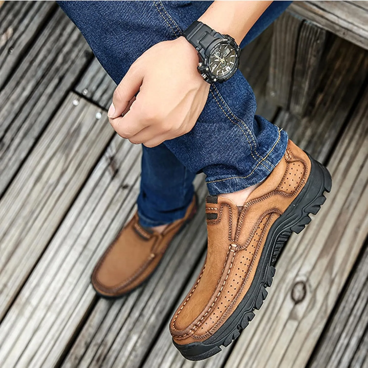 Men's Genuine Leather Hand Stitched Slip On Ankle Loafers,Vintage Non-Slip Arch Support Outdoor Hiking Driving Shoes