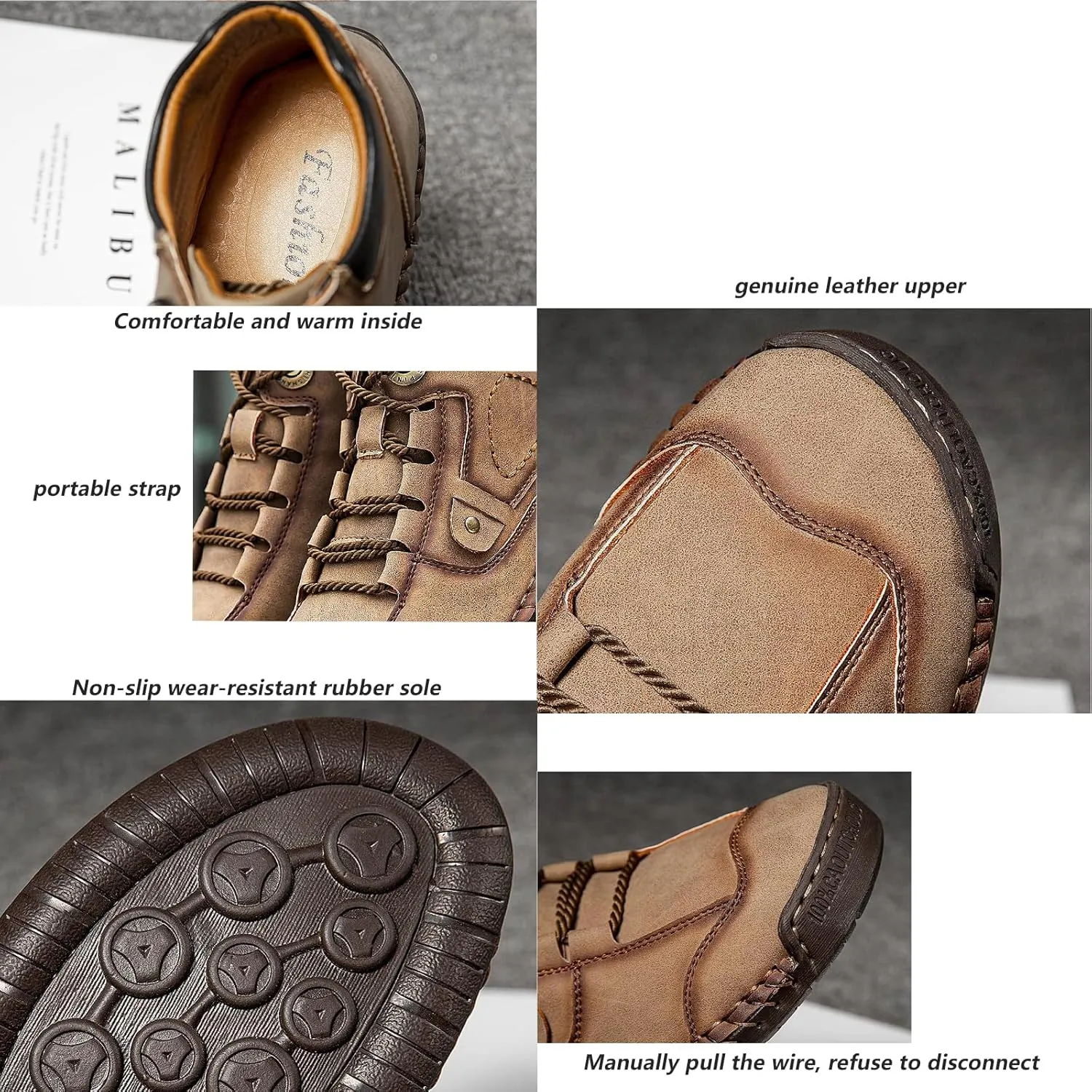 Men's Leather Casual Lace Up Hand-stitched Nude boots,Plus Size Breathable Arch Support Flat Work Driving Shoes