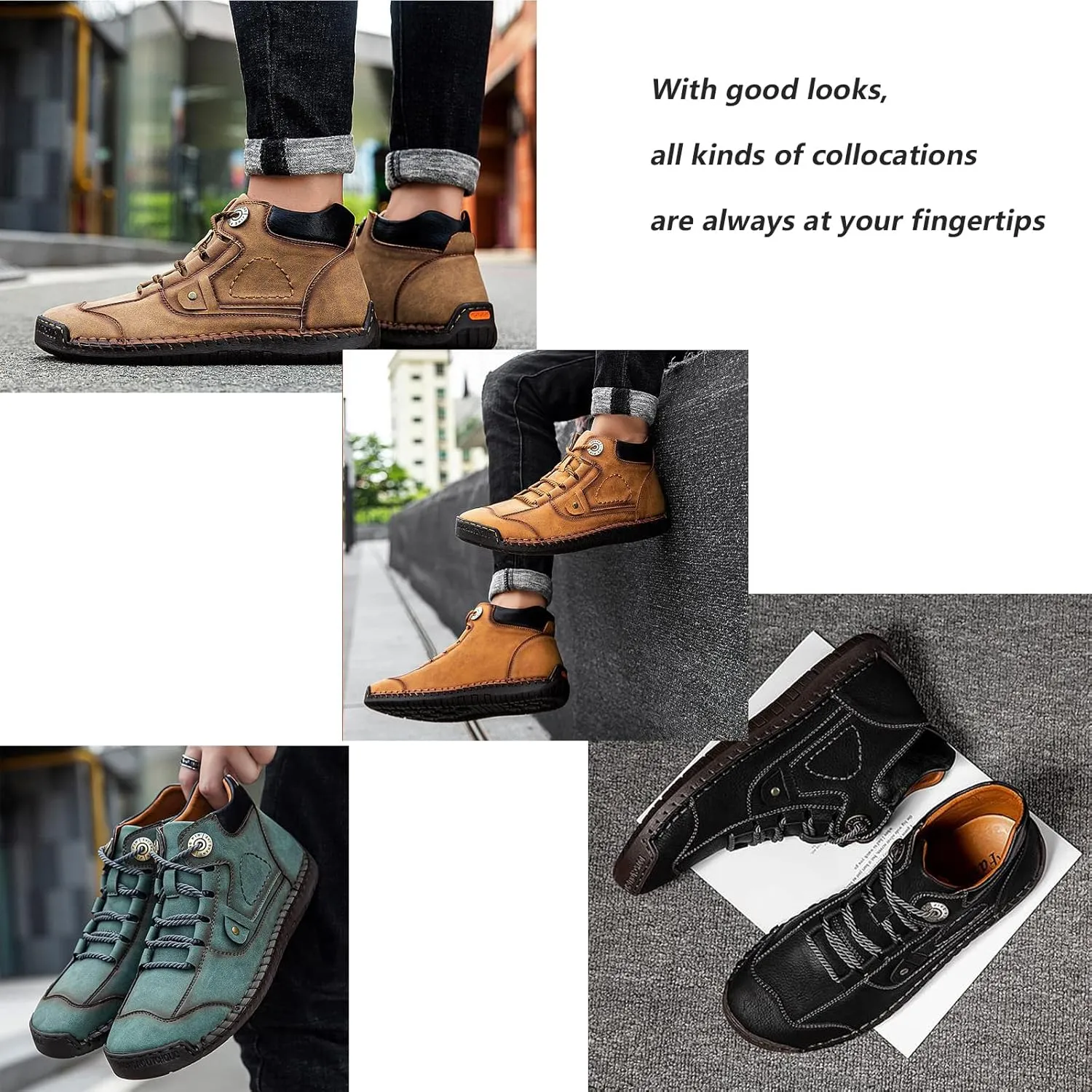 Men's Leather Casual Lace Up Hand-stitched Nude boots,Plus Size Breathable Arch Support Flat Work Driving Shoes