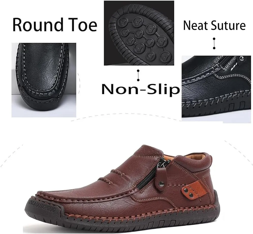 Men's Shoes Loafers Casual Driving Leather Slip Walking Boots Lightweight Ankle Fashion Comfortable Rubber Hand-Stitched