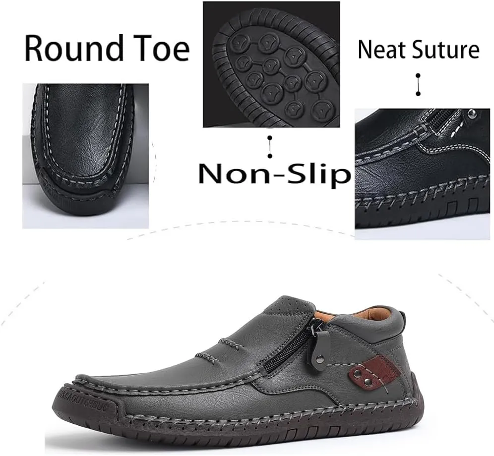 Men's Shoes Loafers Casual Driving Leather Slip Walking Boots Lightweight Ankle Fashion Comfortable Rubber Hand-Stitched