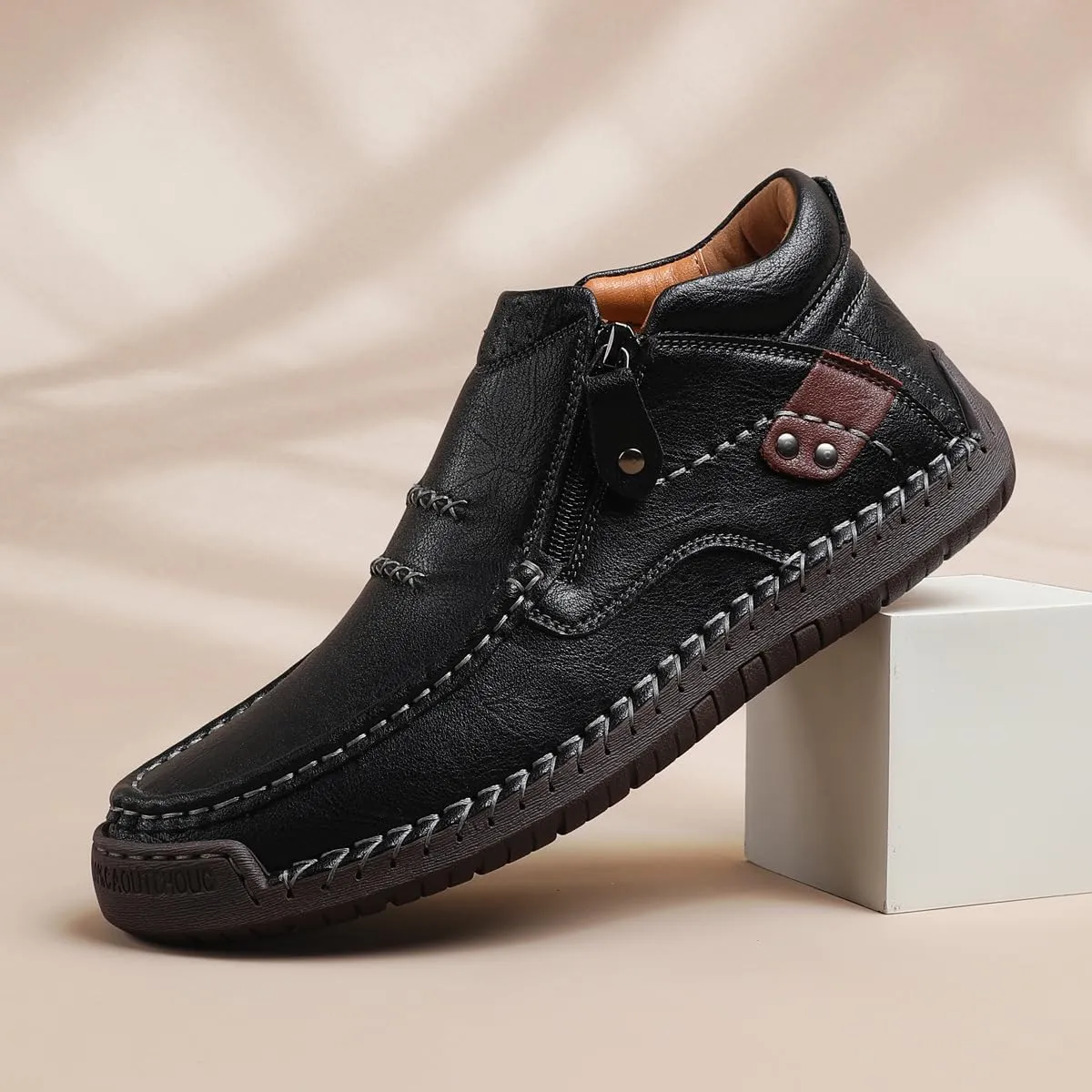 Men's Shoes Loafers Casual Driving Leather Slip Walking Boots Lightweight Ankle Fashion Comfortable Rubber Hand-Stitched