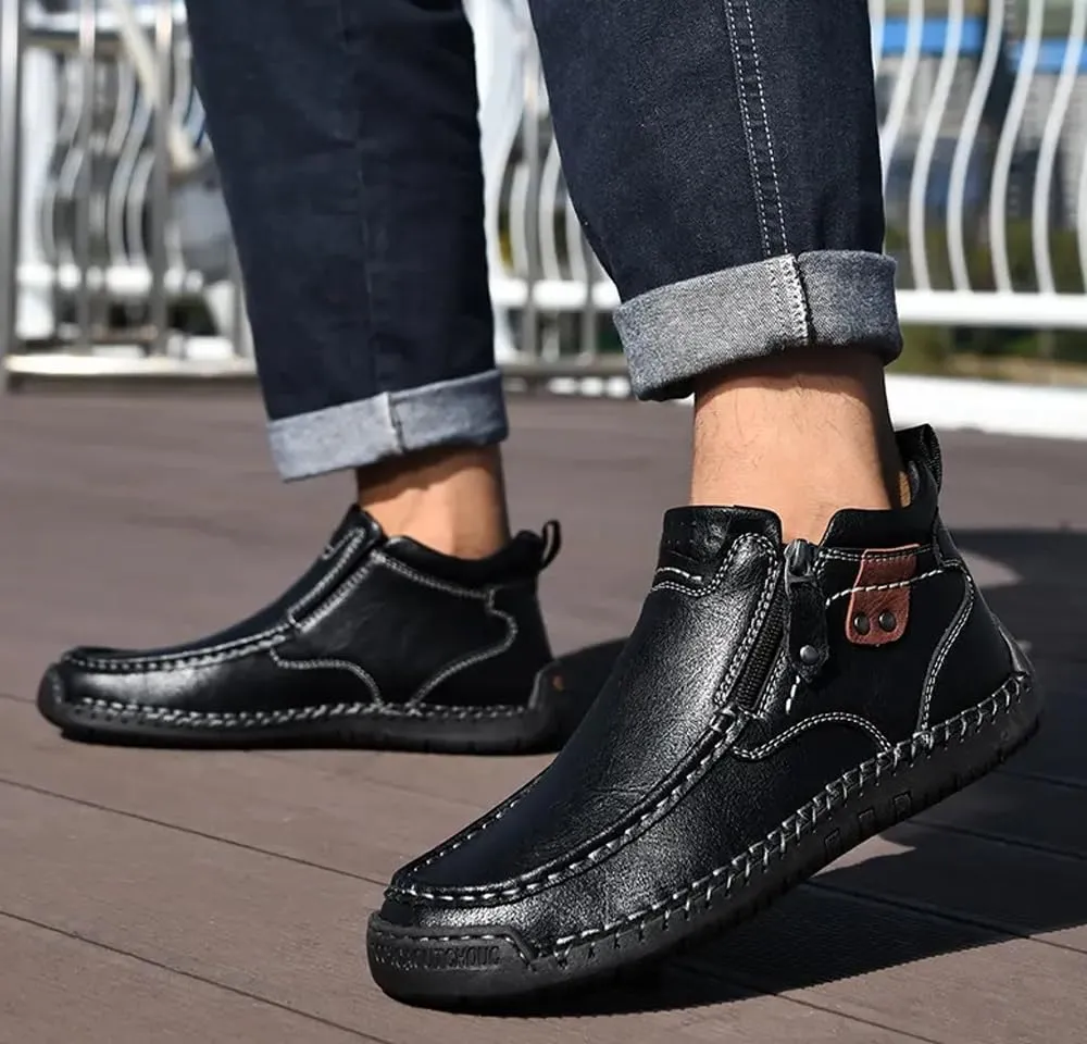 Men's Shoes Loafers Casual Driving Leather Slip Walking Boots Lightweight Ankle Fashion Comfortable Rubber Hand-Stitched
