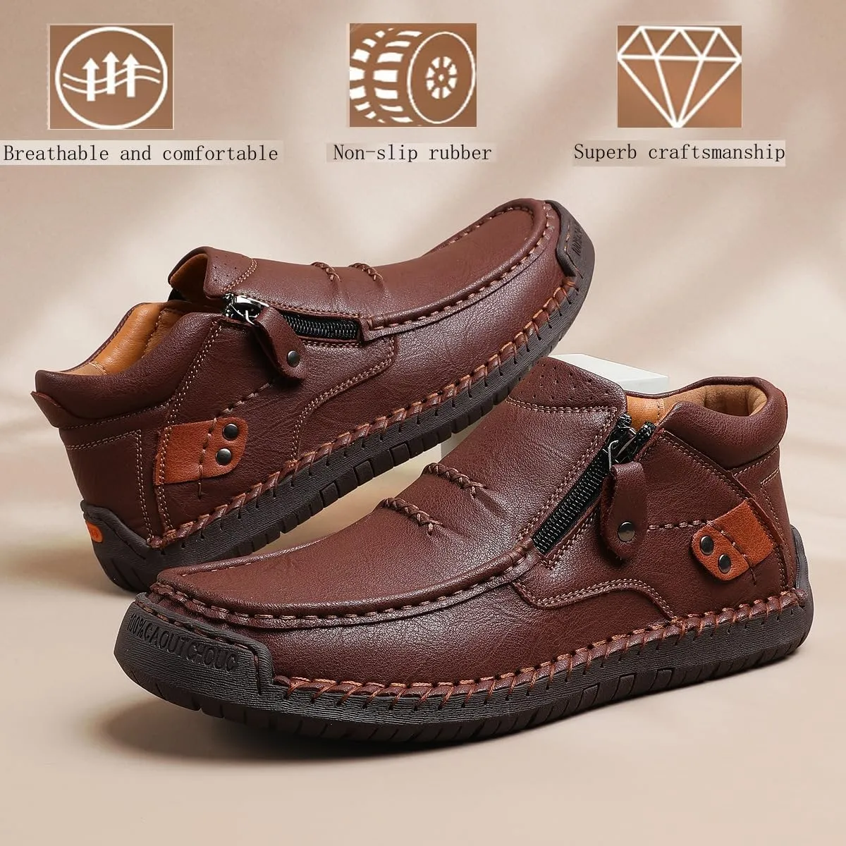 Men's Shoes Loafers Casual Driving Leather Slip Walking Boots Lightweight Ankle Fashion Comfortable Rubber Hand-Stitched