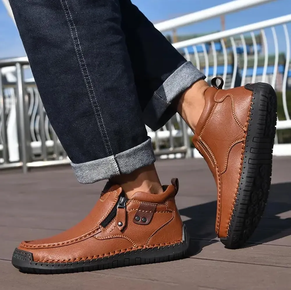 Men's Shoes Loafers Casual Driving Leather Slip Walking Boots Lightweight Ankle Fashion Comfortable Rubber Hand-Stitched