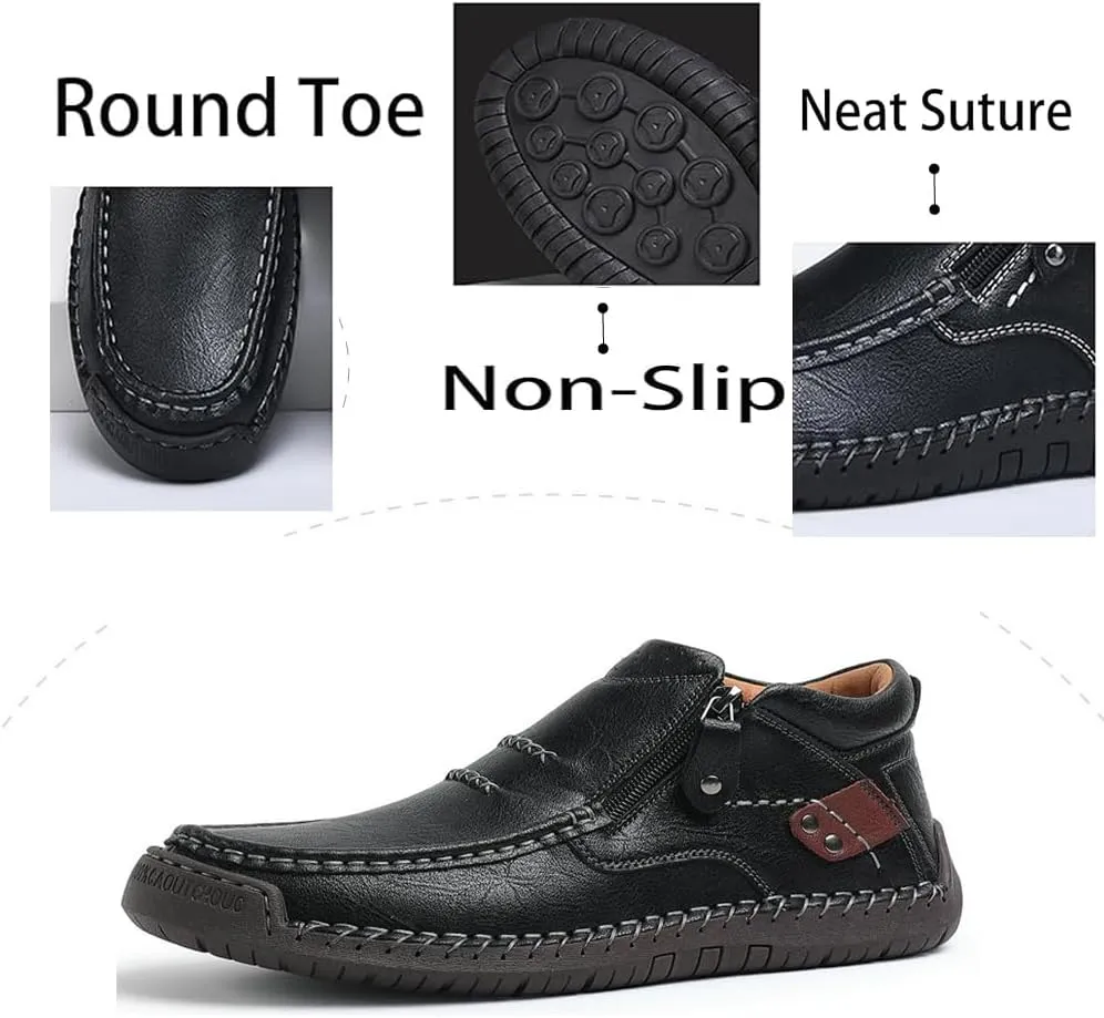 Men's Shoes Loafers Casual Driving Leather Slip Walking Boots Lightweight Ankle Fashion Comfortable Rubber Hand-Stitched