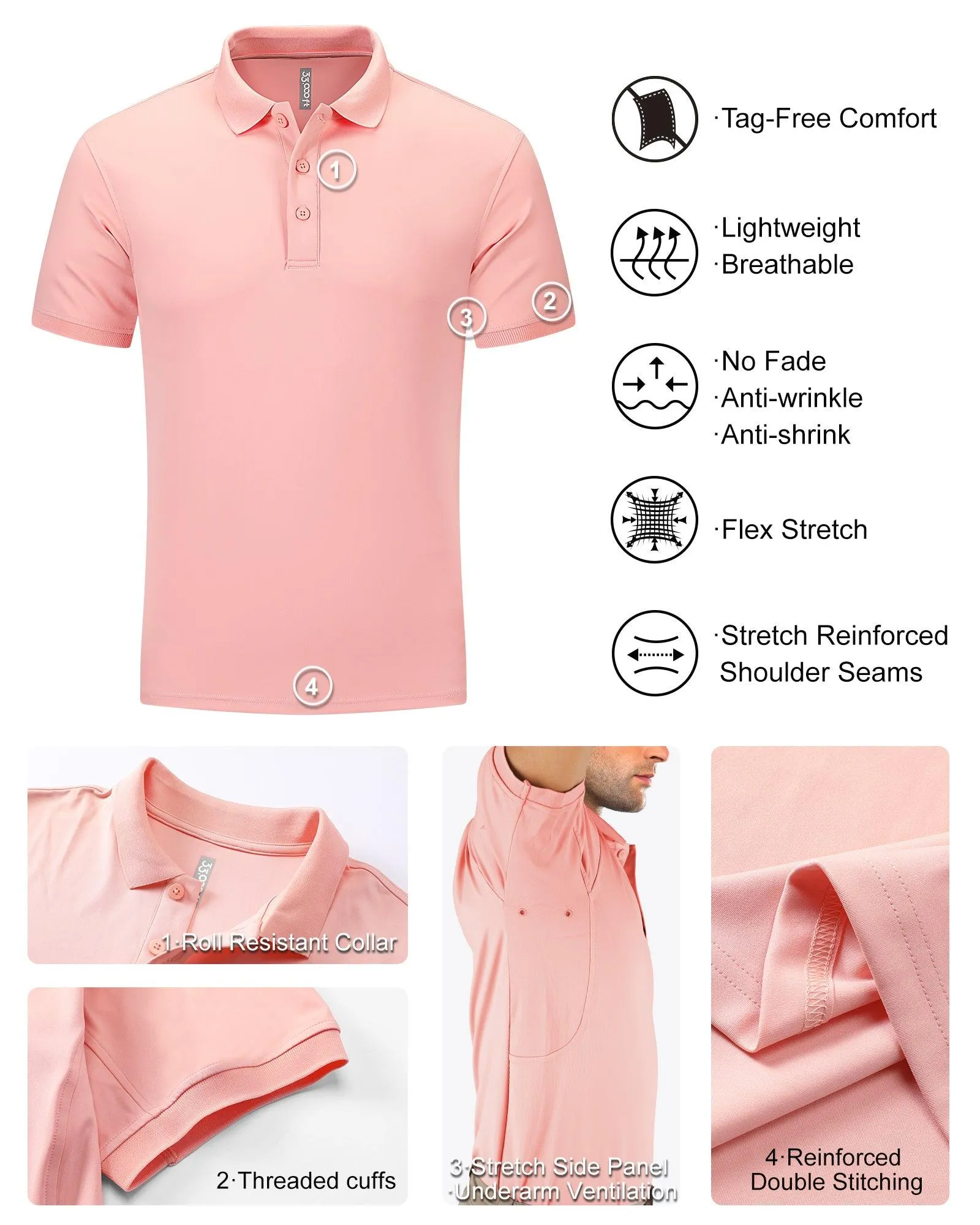 Men's UPF50  Golf Polo Short Sleeve Collared Quick Dry T-Shirt