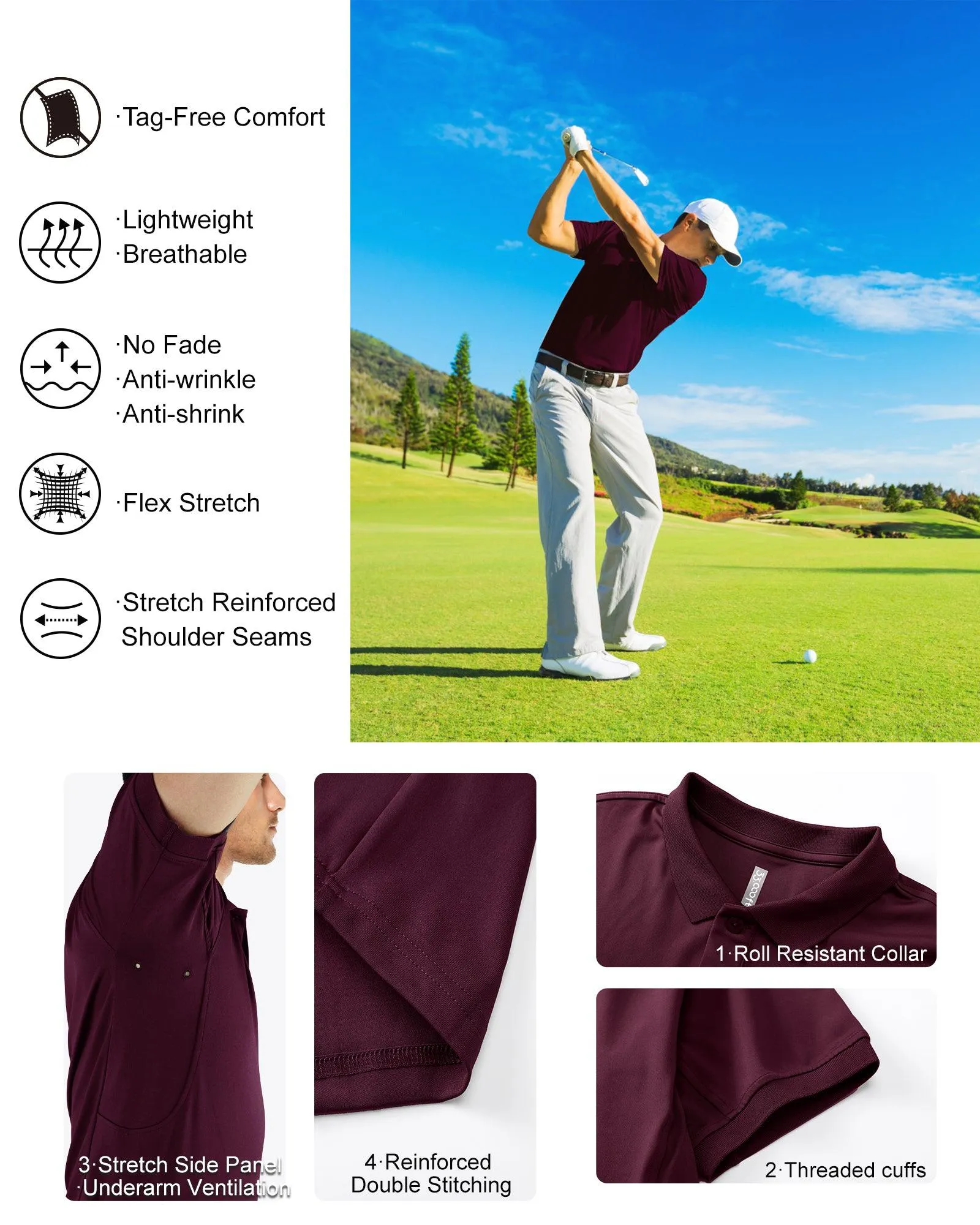Men's UPF50  Golf Polo Short Sleeve Collared Quick Dry T-Shirt