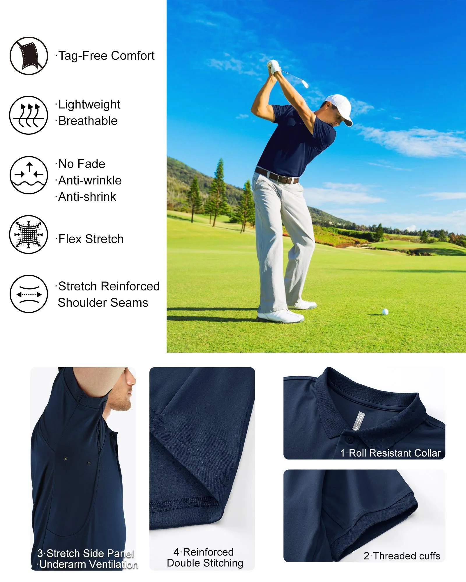 Men's UPF50  Golf Polo Short Sleeve Collared Quick Dry T-Shirt
