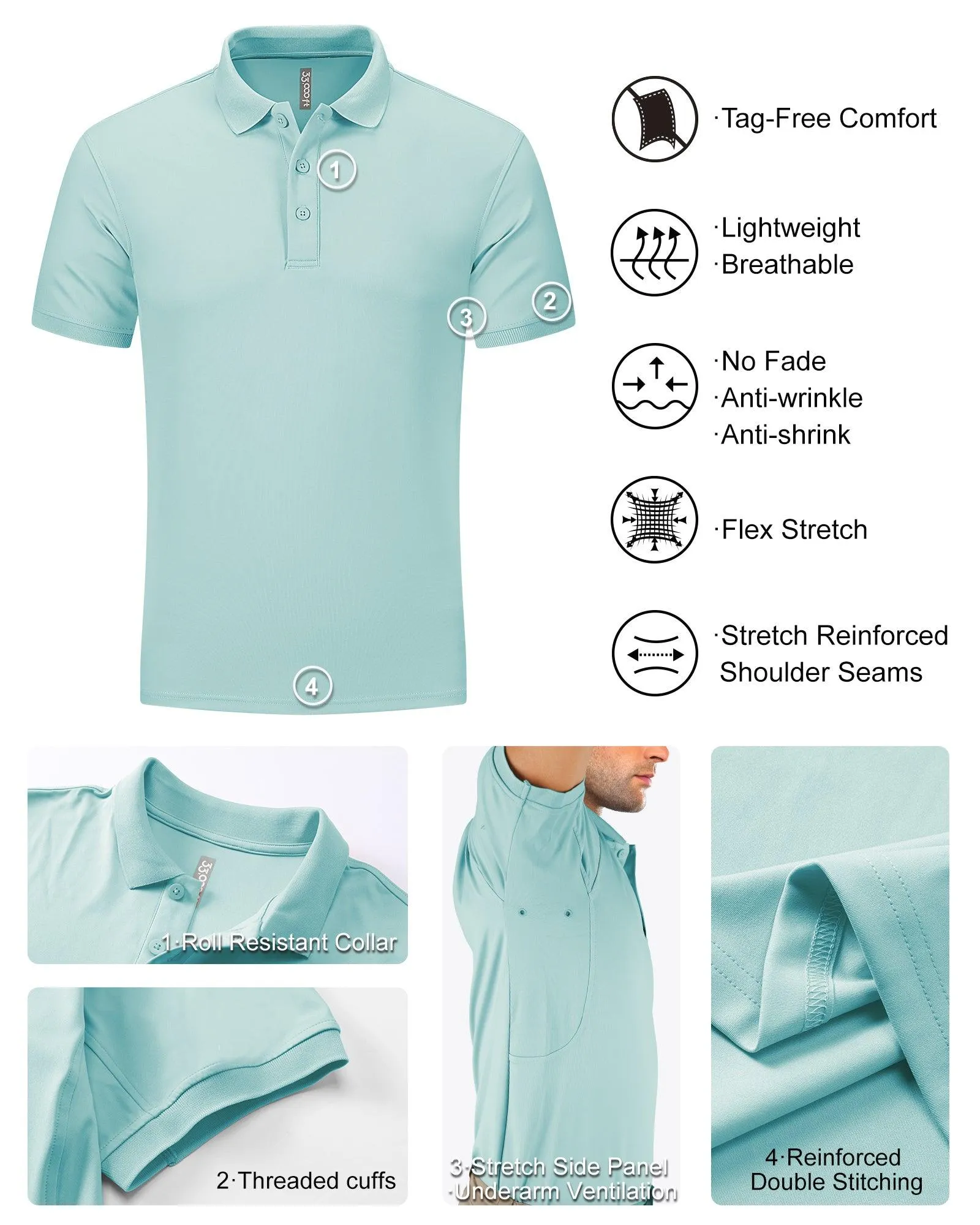 Men's UPF50  Golf Polo Short Sleeve Collared Quick Dry T-Shirt