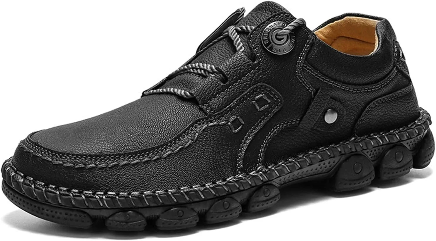 Men's Vintage Leather Casual Loafers Hand-Stitched Lace-Up Non-Slip Waterproof Sneakers Fashionable Comfortable Walking Driving Shoes