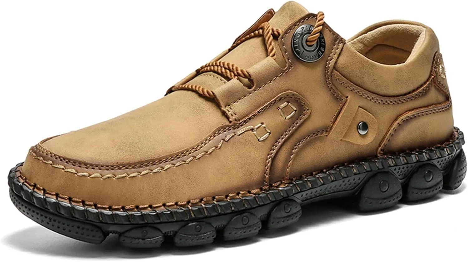 Men's Vintage Leather Casual Loafers Hand-Stitched Lace-Up Non-Slip Waterproof Sneakers Fashionable Comfortable Walking Driving Shoes