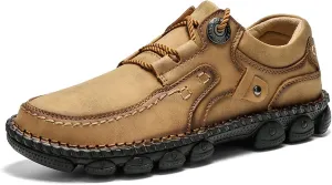 Men's Vintage Leather Casual Loafers Hand-Stitched Lace-Up Non-Slip Waterproof Sneakers Fashionable Comfortable Walking Driving Shoes