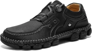 Men's Vintage Leather Casual Loafers Hand-Stitched Lace-Up Non-Slip Waterproof Sneakers Fashionable Comfortable Walking Driving Shoes