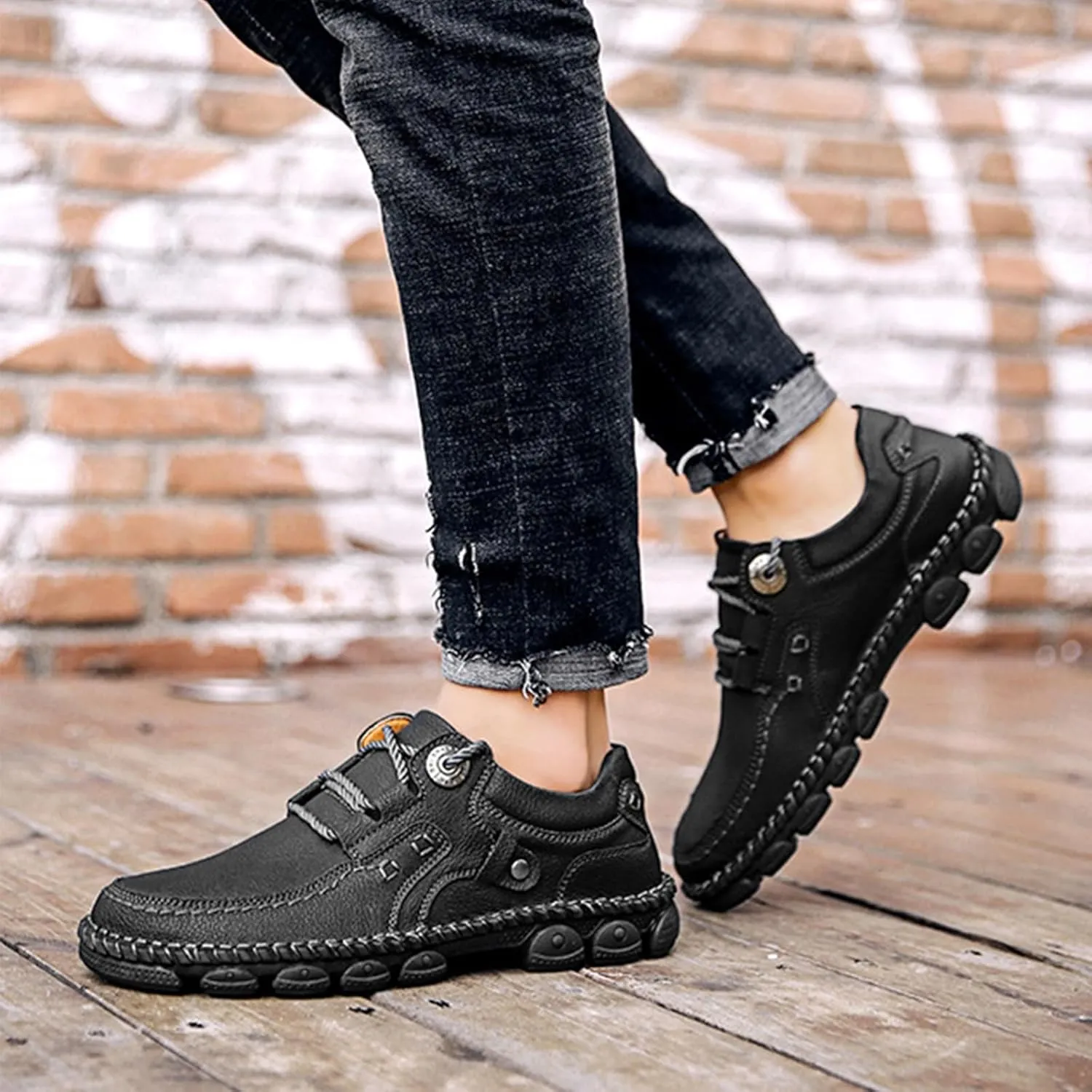 Men's Vintage Leather Casual Loafers Hand-Stitched Lace-Up Non-Slip Waterproof Sneakers Fashionable Comfortable Walking Driving Shoes