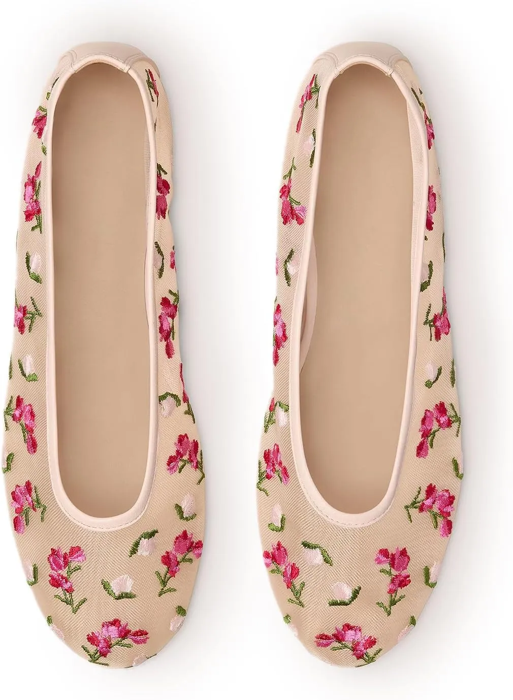 Mesh Ballet Flats for Women Pull-On Elegant Dressy Office Shoes with Fashion Embroidery Round Toe