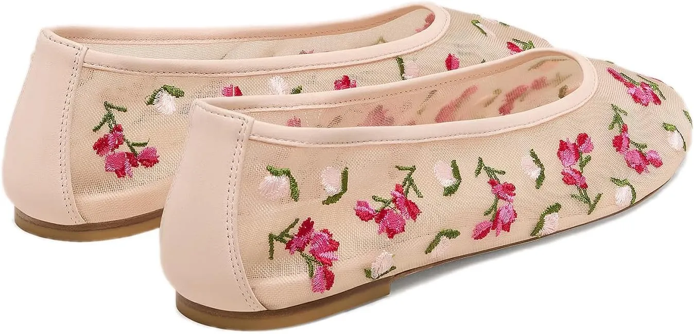 Mesh Ballet Flats for Women Pull-On Elegant Dressy Office Shoes with Fashion Embroidery Round Toe