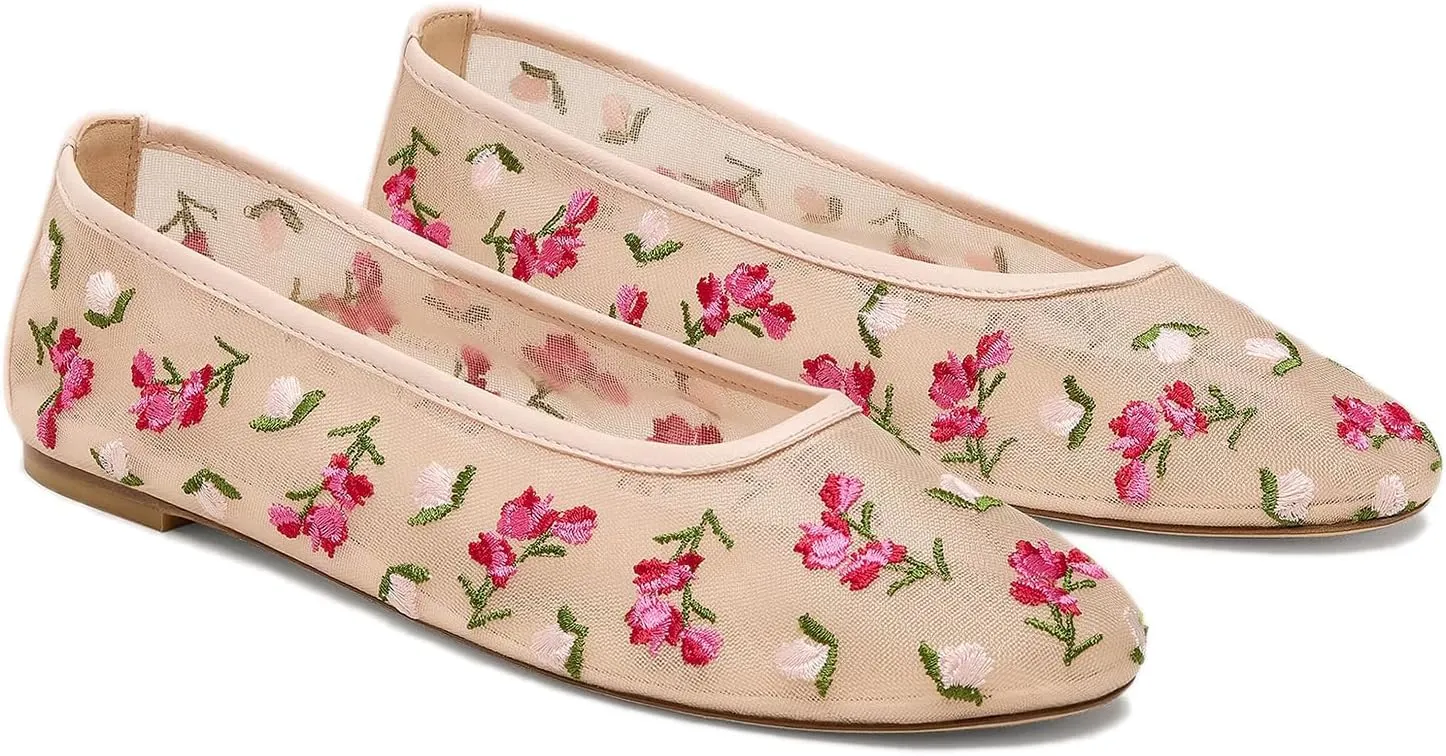 Mesh Ballet Flats for Women Pull-On Elegant Dressy Office Shoes with Fashion Embroidery Round Toe