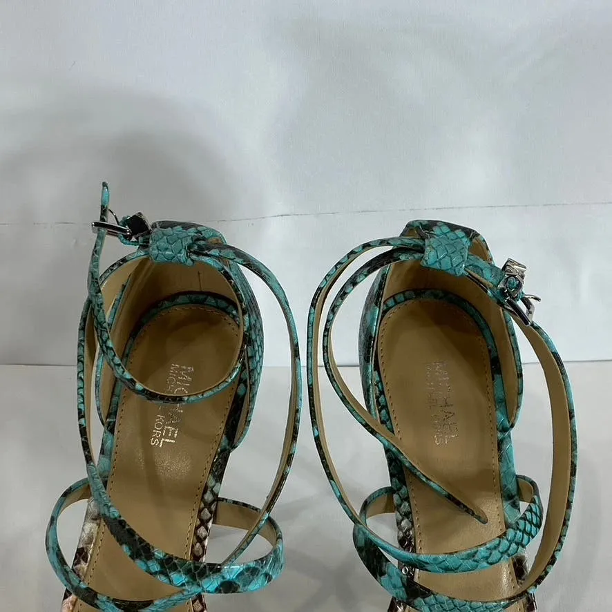 MICHAEL MICHAEL KORS Women's Teal/Tan Astrid Embellished Snake Sandals SZ 6.5