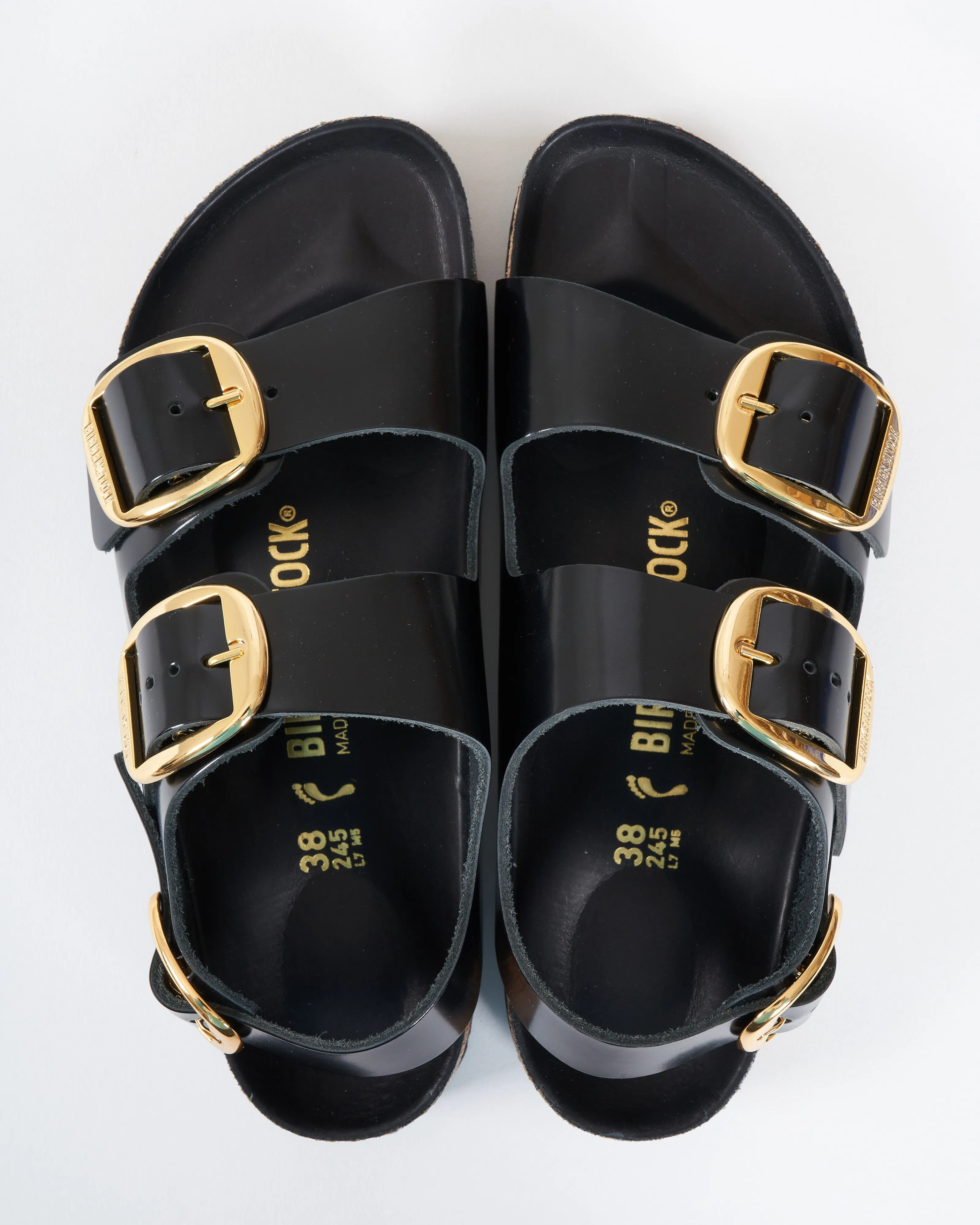 milano big buckle sandal - high shine black leather