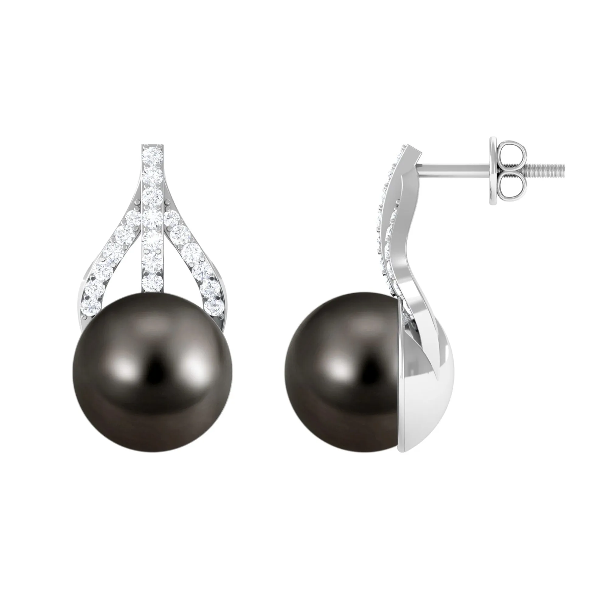 Minimal Black Tahitian Pearl Stud Earrings with Diamond