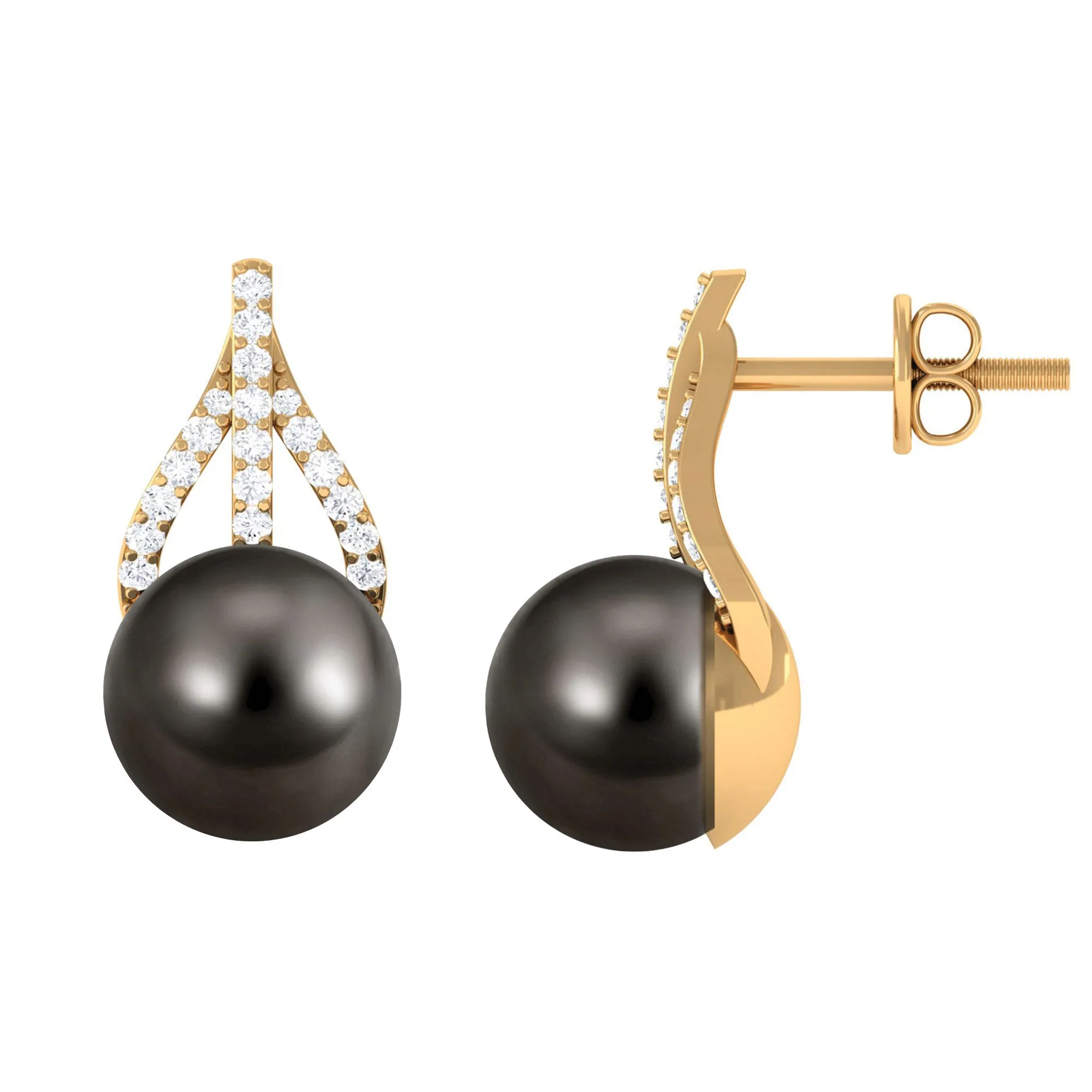 Minimal Black Tahitian Pearl Stud Earrings with Diamond