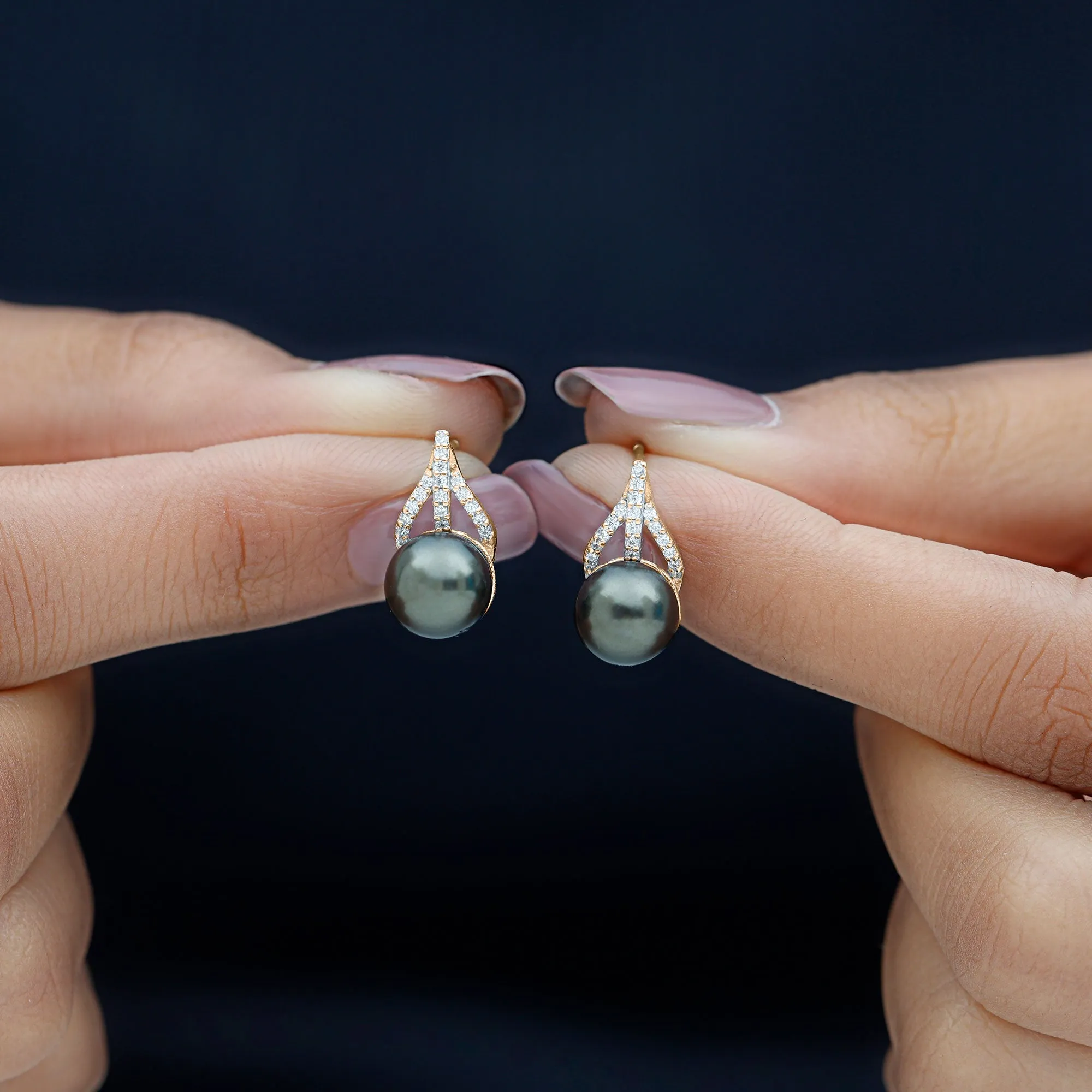 Minimal Black Tahitian Pearl Stud Earrings with Diamond