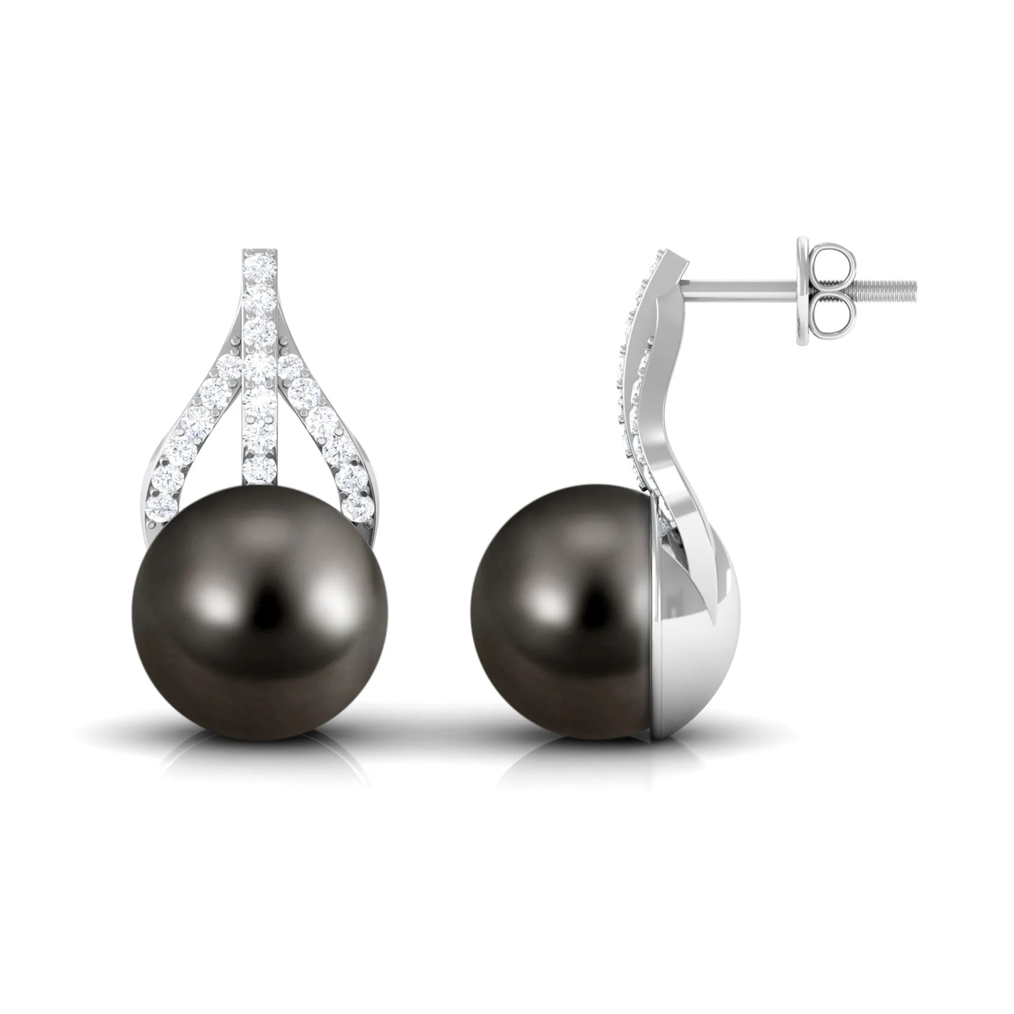 Minimal Black Tahitian Pearl Stud Earrings with Diamond