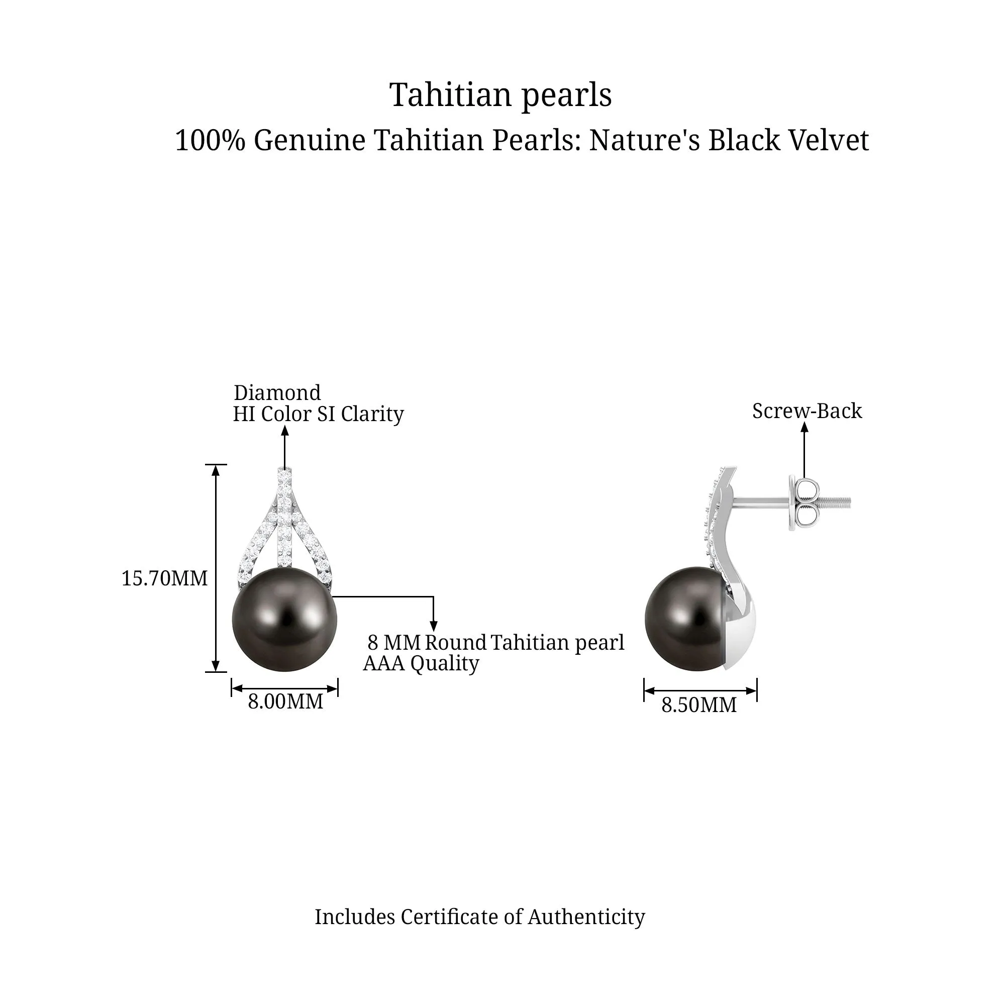 Minimal Black Tahitian Pearl Stud Earrings with Diamond