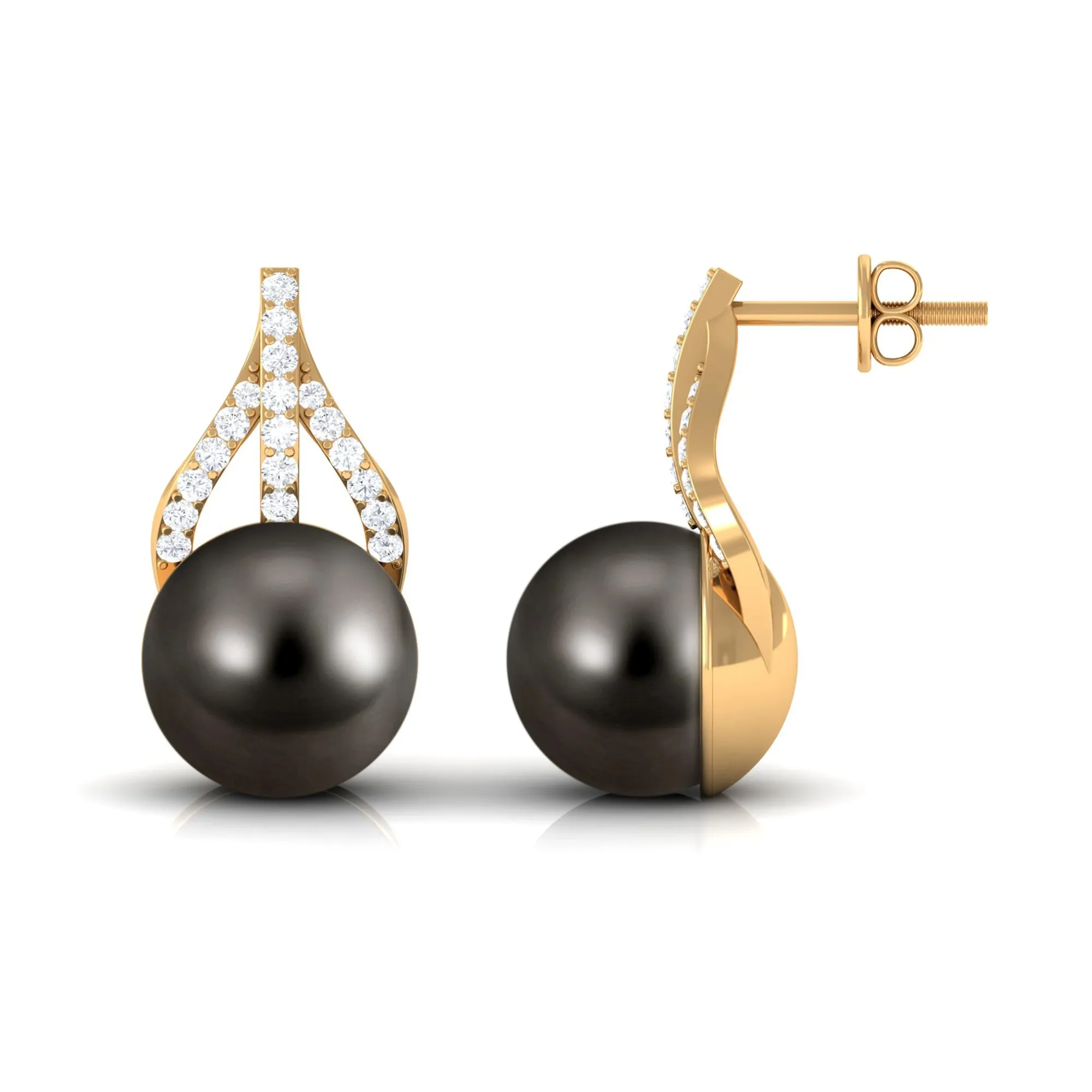 Minimal Black Tahitian Pearl Stud Earrings with Diamond