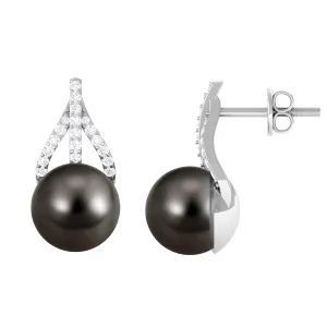 Minimal Black Tahitian Pearl Stud Earrings with Diamond
