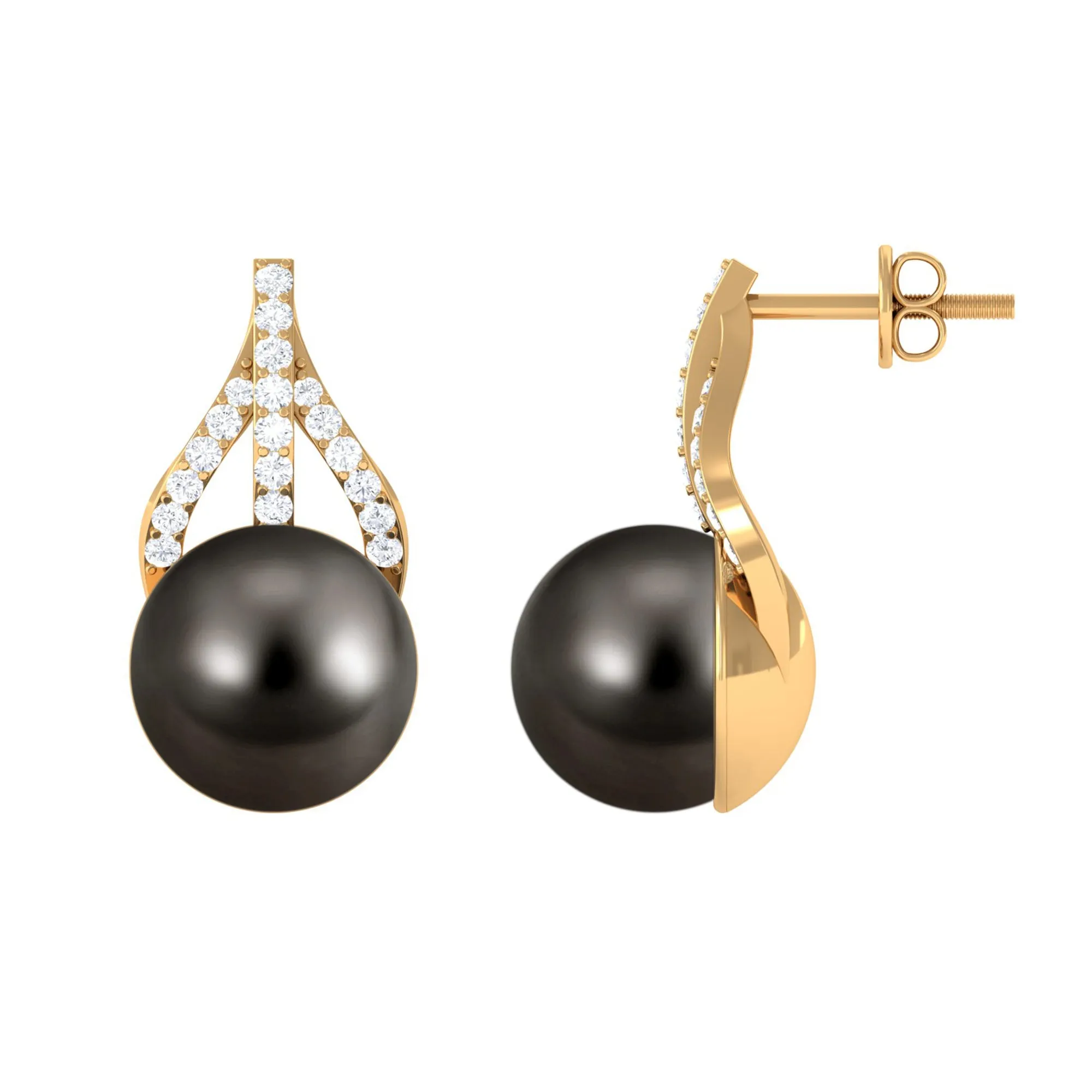 Minimal Black Tahitian Pearl Stud Earrings with Diamond