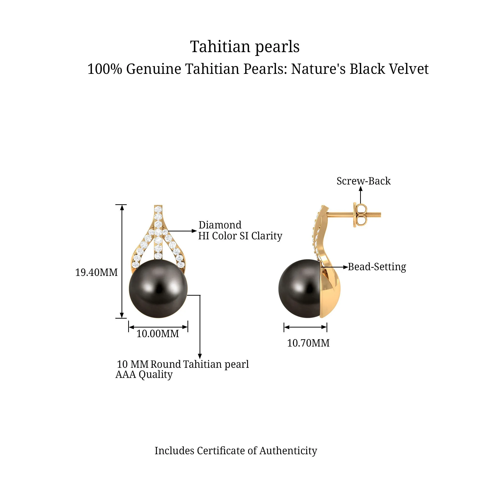 Minimal Black Tahitian Pearl Stud Earrings with Diamond