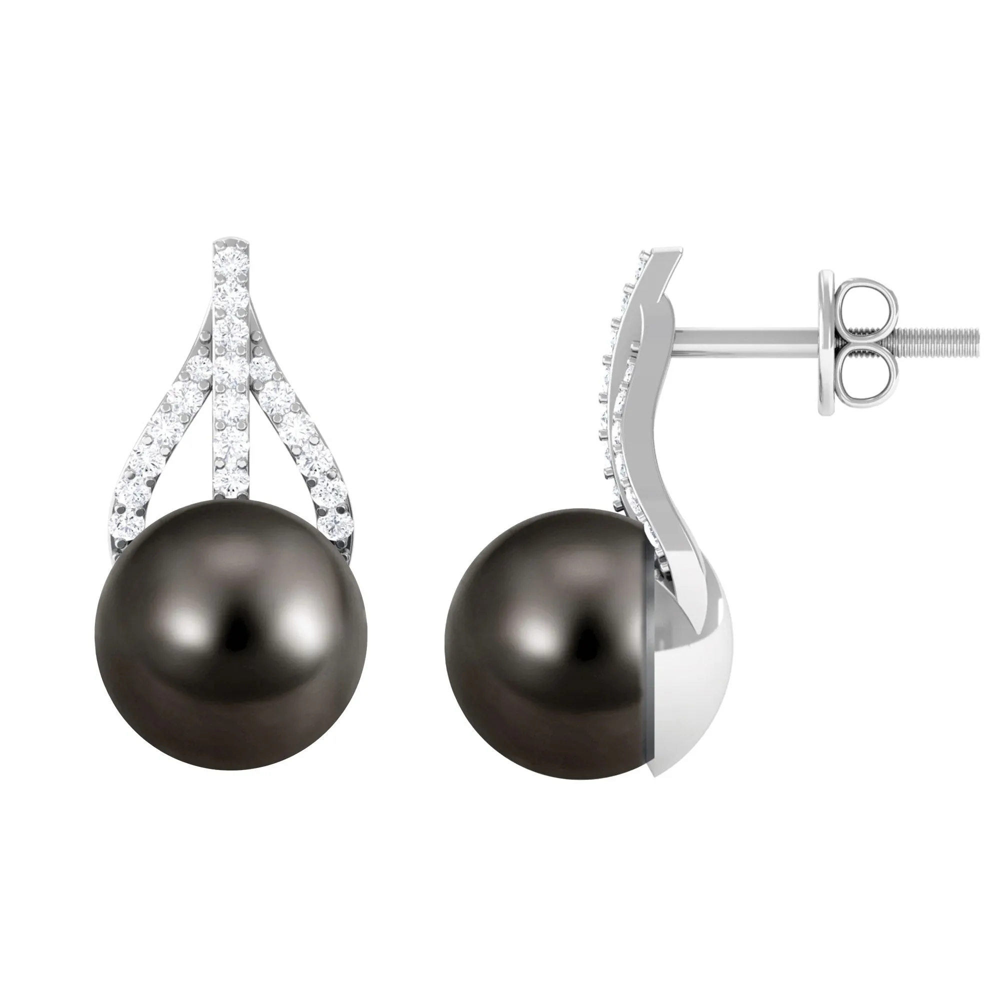 Minimal Black Tahitian Pearl Stud Earrings with Diamond