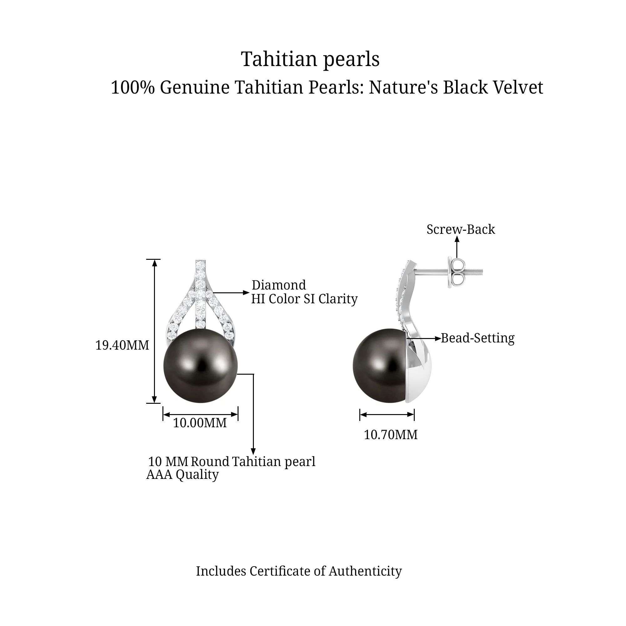 Minimal Black Tahitian Pearl Stud Earrings with Diamond