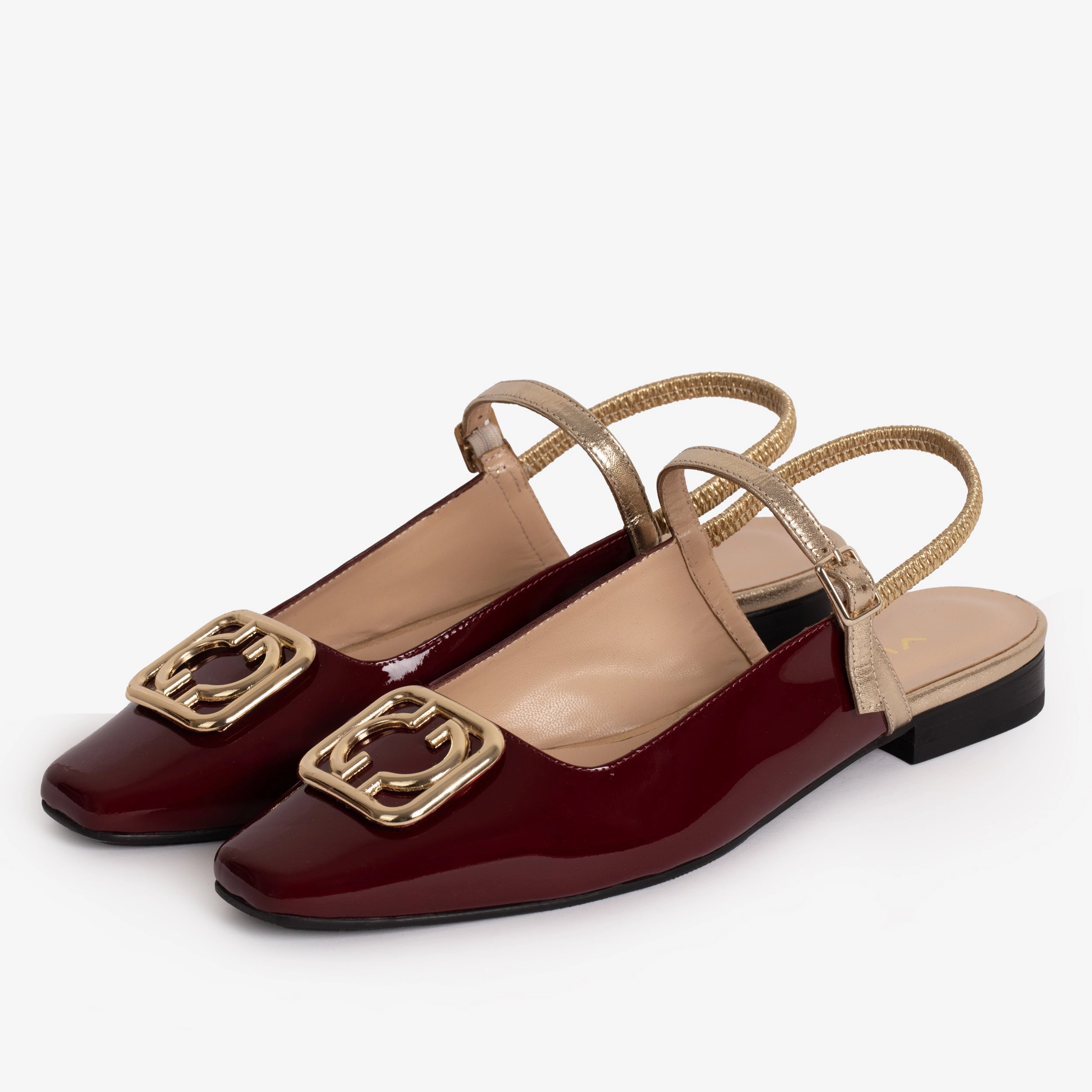 The Rosalinda Burgundy Patent Leather Women Flat Slingback Shoe Arch Care Patio Path
