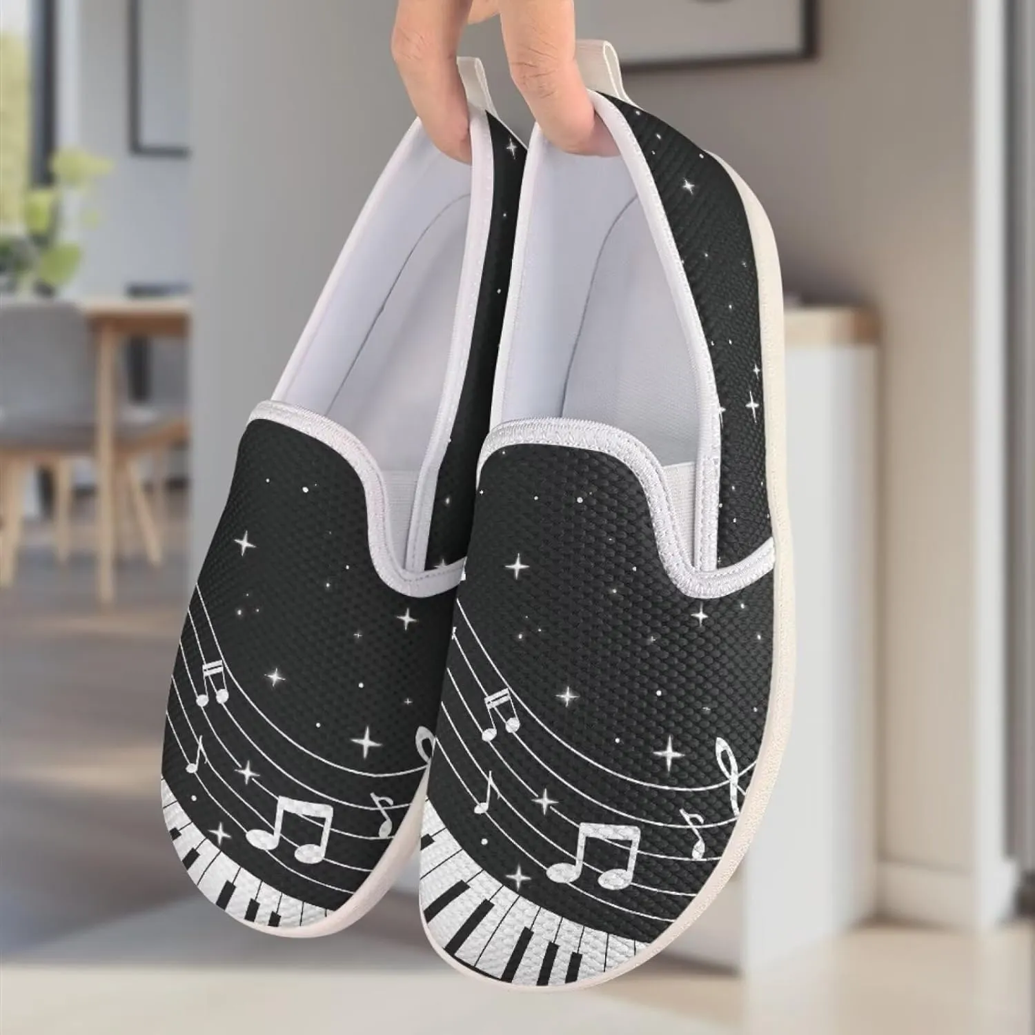 Music Note Print Flat Mesh Shoes Slip-on Mesh Shoes Breathable Casual Loafers for Outdoor