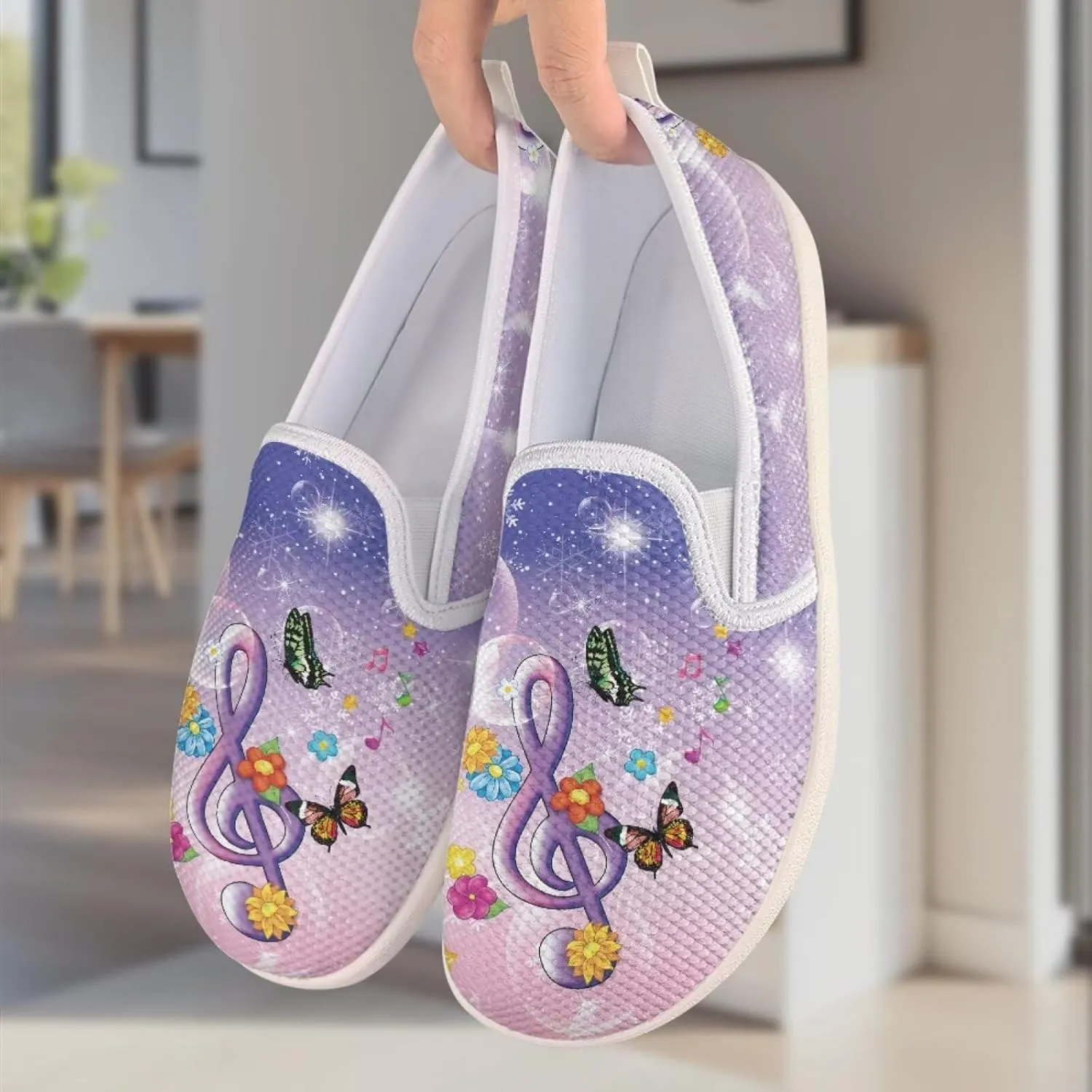 Music Note Print Flat Mesh Shoes Slip-on Mesh Shoes Breathable Casual Loafers for Outdoor
