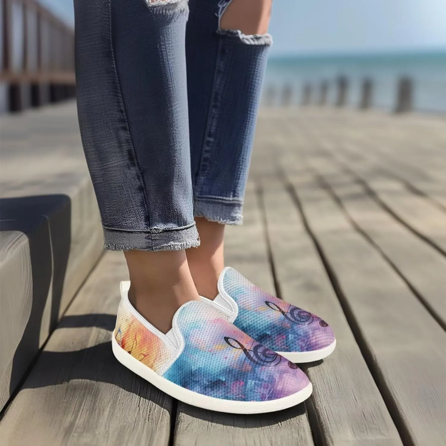 Music Note Print Flat Mesh Shoes Slip-on Mesh Shoes Breathable Casual Loafers for Outdoor