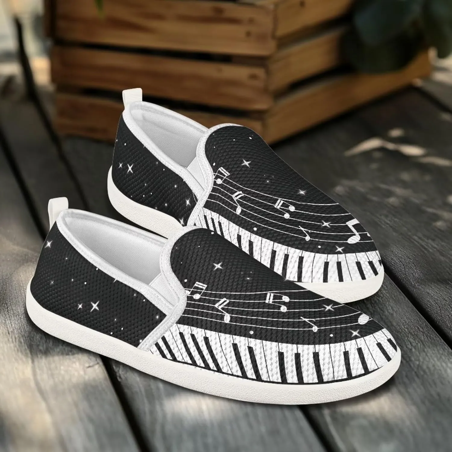 Music Note Print Flat Mesh Shoes Slip-on Mesh Shoes Breathable Casual Loafers for Outdoor