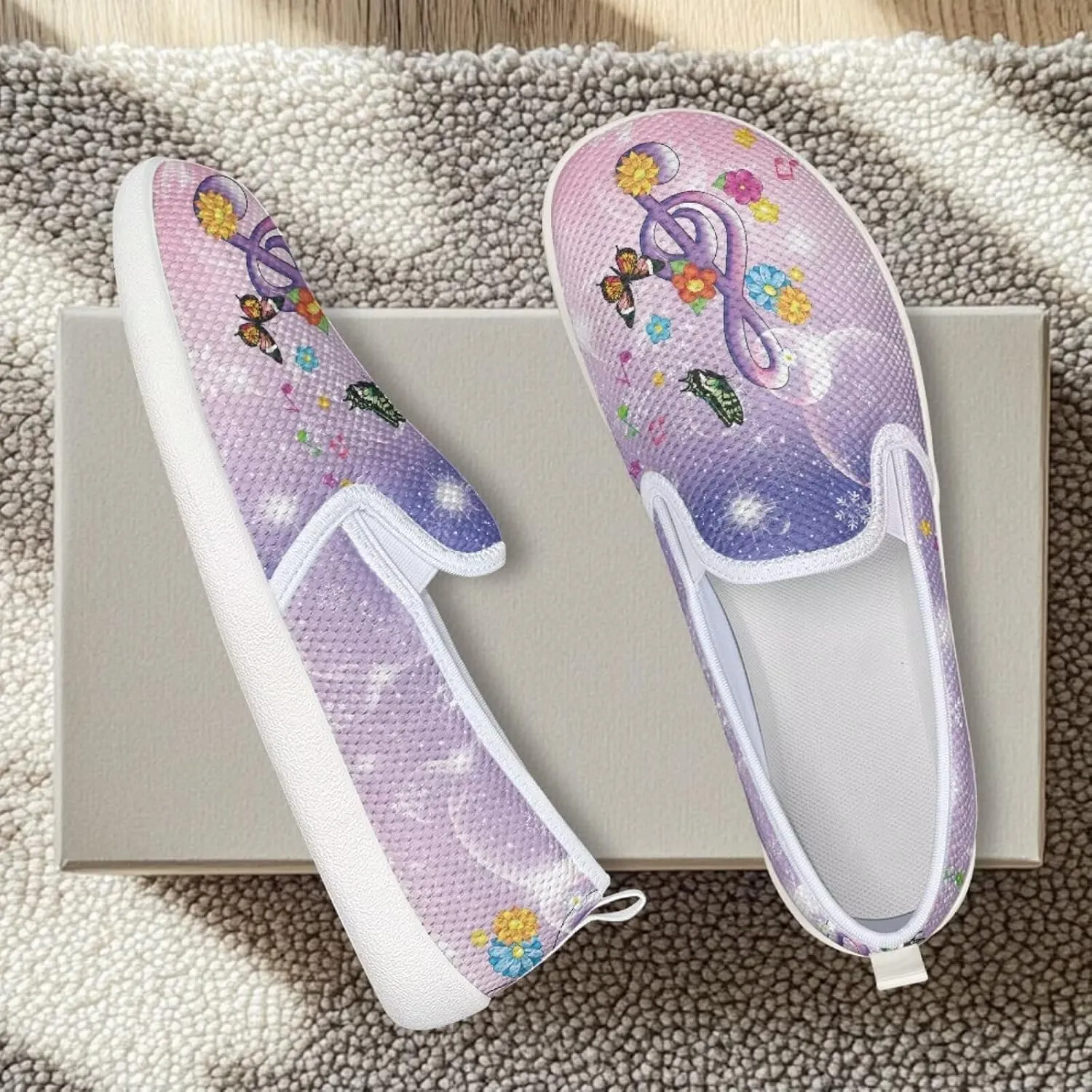 Music Note Print Flat Mesh Shoes Slip-on Mesh Shoes Breathable Casual Loafers for Outdoor