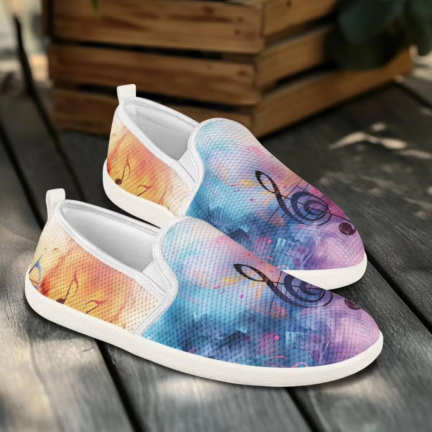 Music Note Print Flat Mesh Shoes Slip-on Mesh Shoes Breathable Casual Loafers for Outdoor