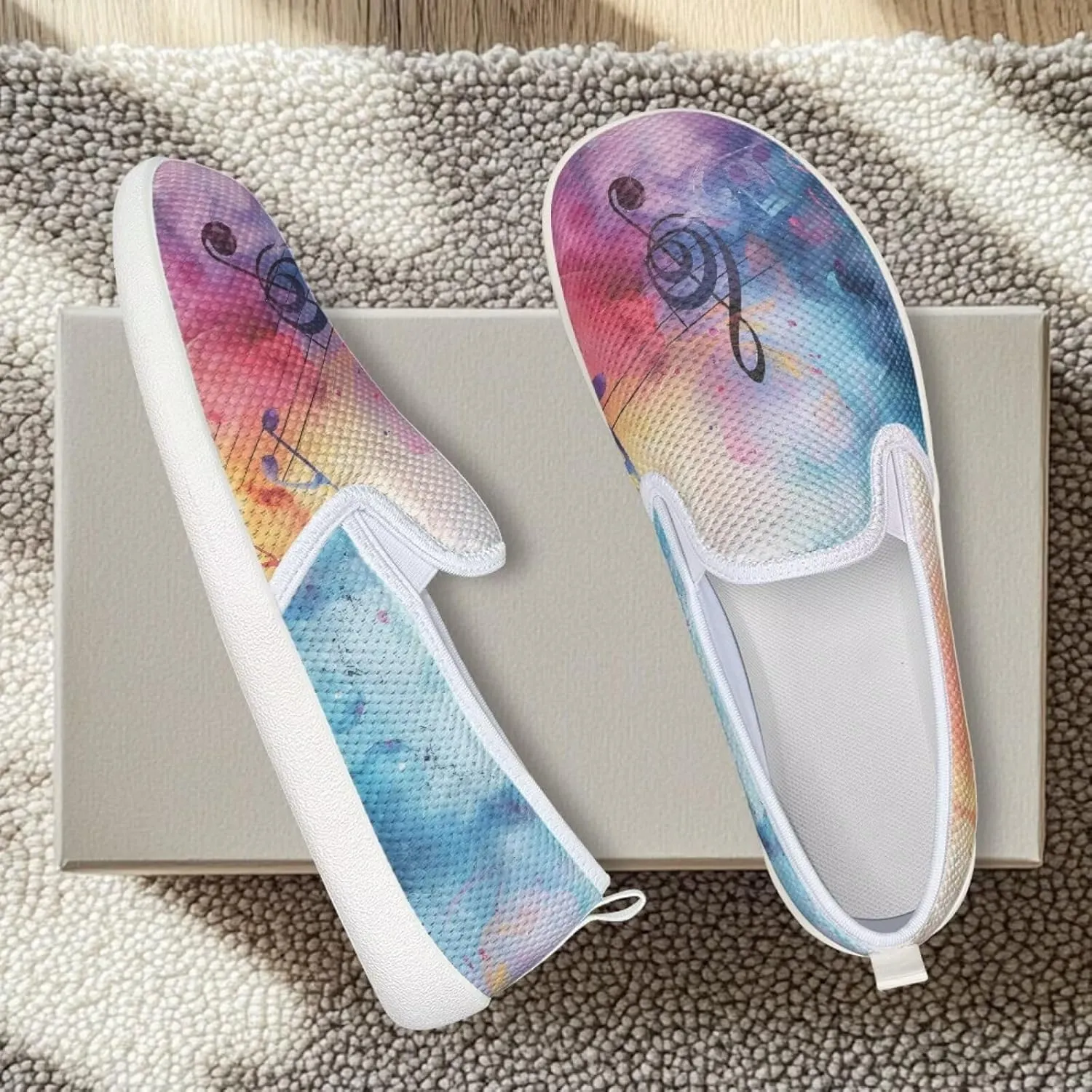 Music Note Print Flat Mesh Shoes Slip-on Mesh Shoes Breathable Casual Loafers for Outdoor