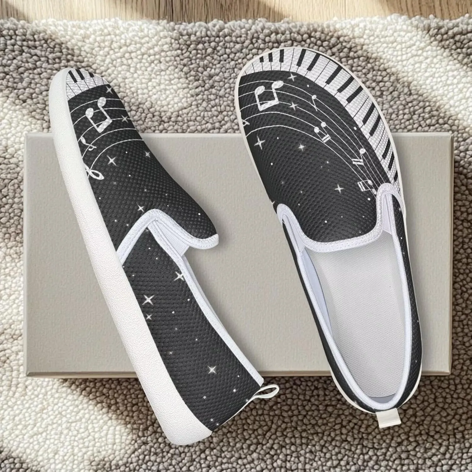 Music Note Print Flat Mesh Shoes Slip-on Mesh Shoes Breathable Casual Loafers for Outdoor