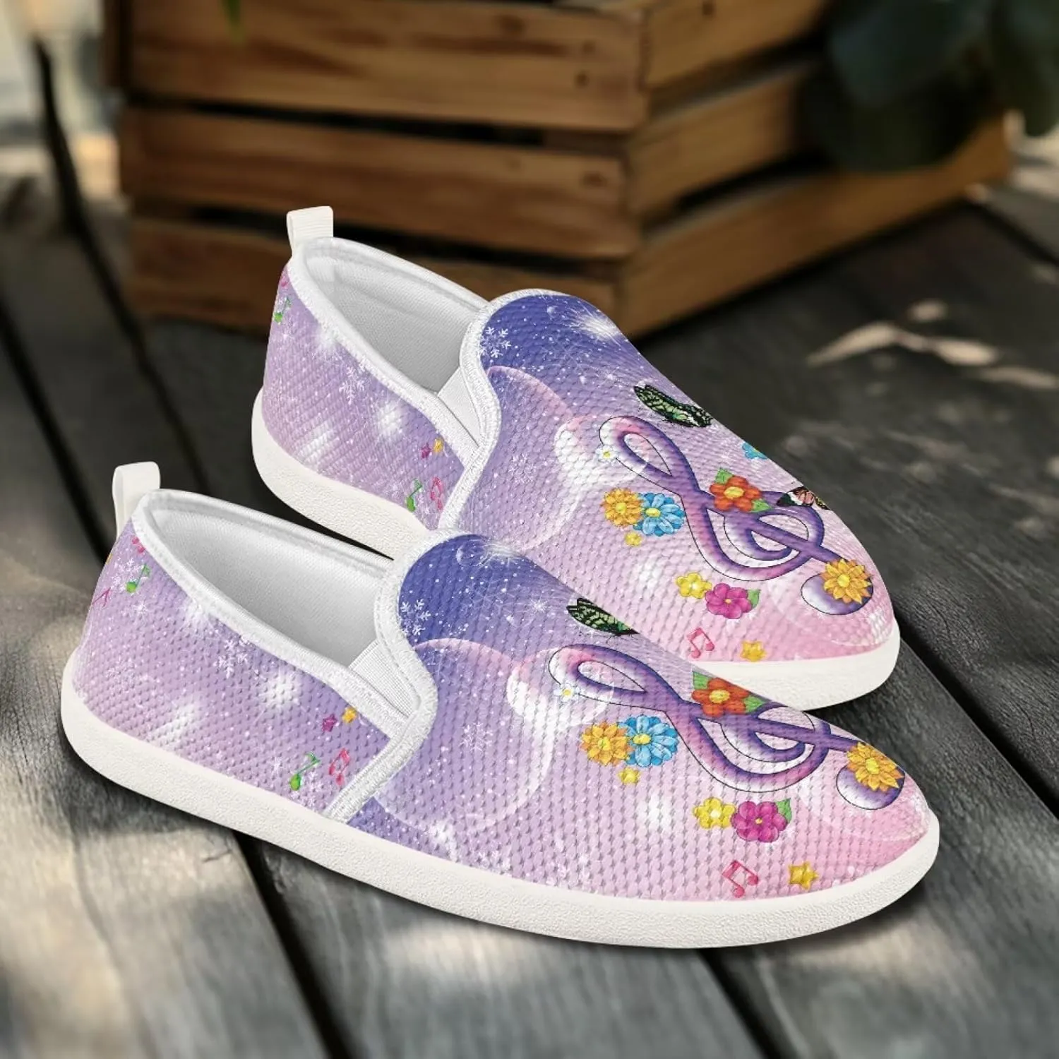 Music Note Print Flat Mesh Shoes Slip-on Mesh Shoes Breathable Casual Loafers for Outdoor