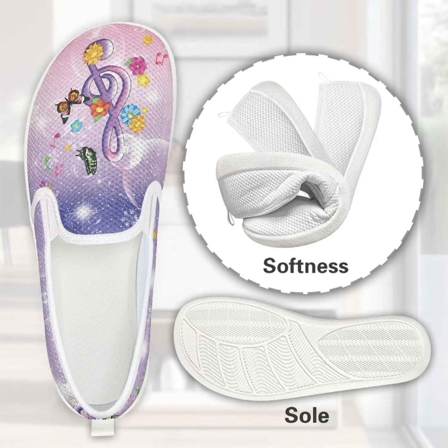 Music Note Print Flat Mesh Shoes Slip-on Mesh Shoes Breathable Casual Loafers for Outdoor